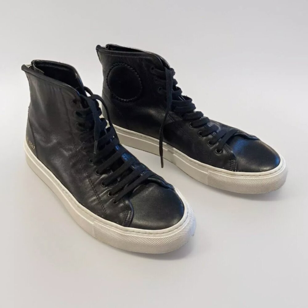 EUC Woman by Common Projects Black Leather High Top Sneaker Size 6 Made In Italy